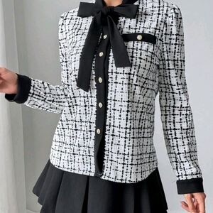 Chanel Vibes Tweed Black and White Plaid Blouse with Bow M